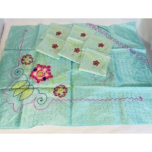 WWII Japanese Rayon Tablecloth Napkin Set Embroidered